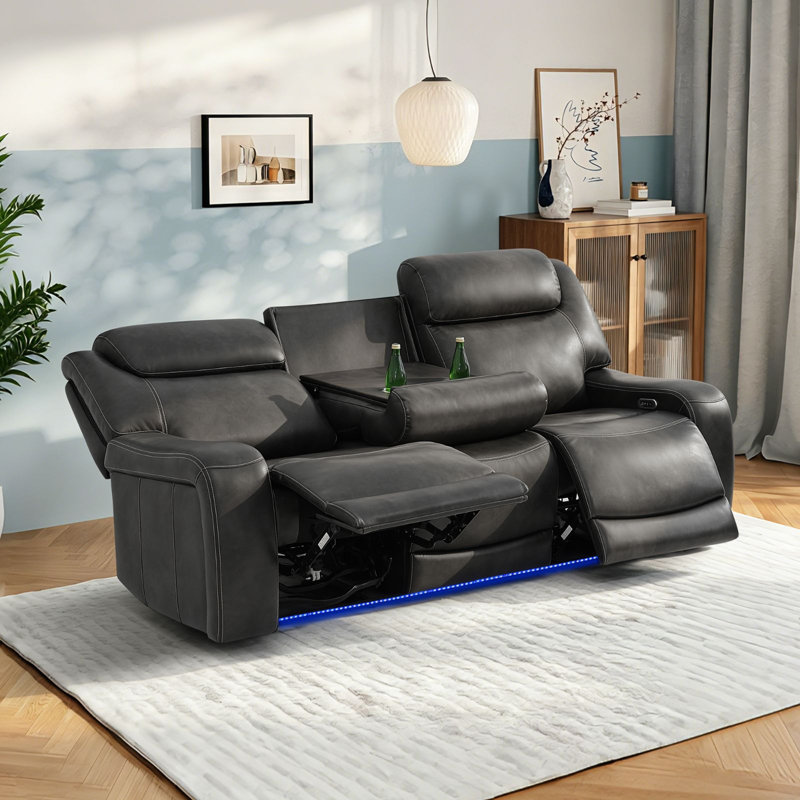 Ensemble de canapé moderne inclinable électrique gris 2 pièces - Ensemble de salon avec console, porte-gobelets, ports de chargement USB et éclairage d'accent à DEL bleu