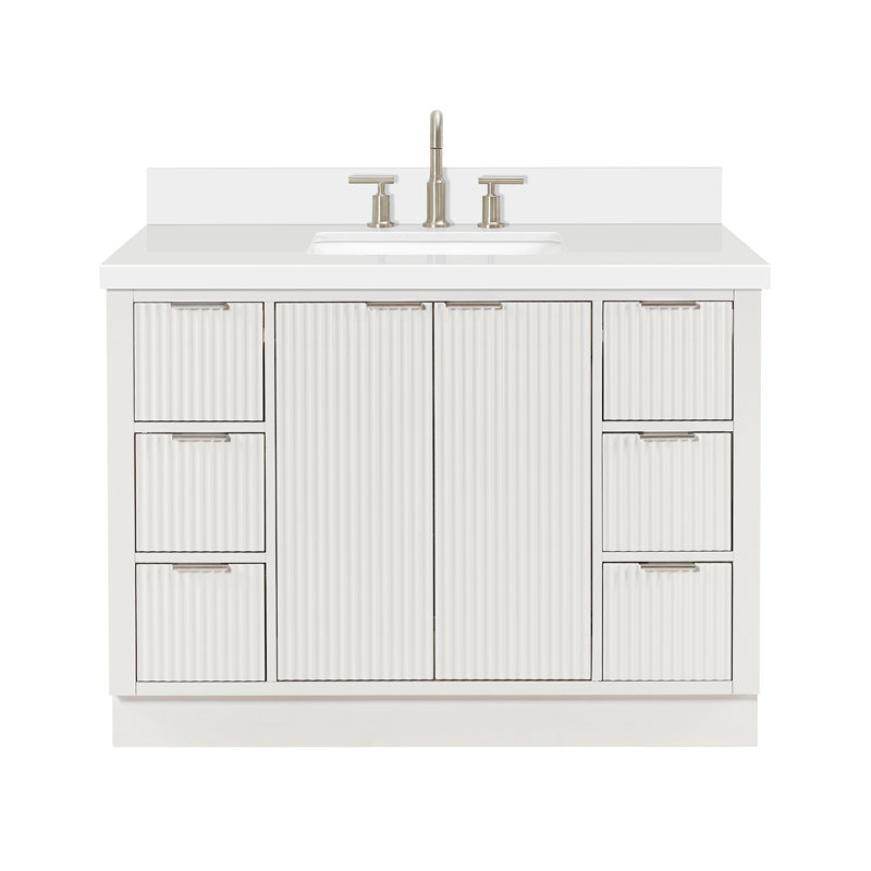 Haun Solid Wood Single Bathroom Vanity with 1.5'' Quartz Top, Rectangle, Warm White, 49"