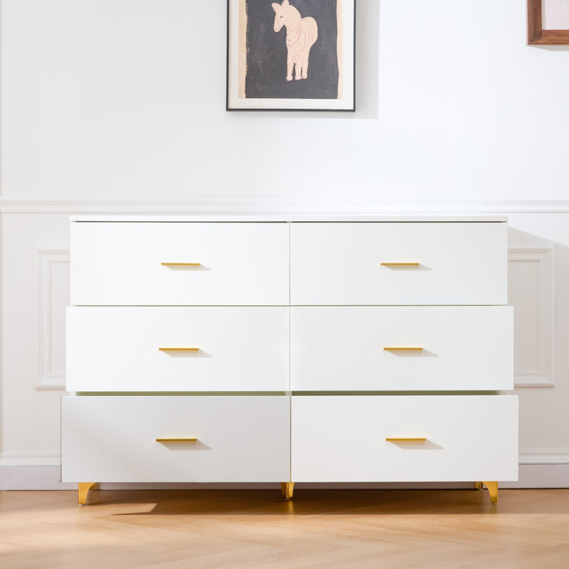Commode 6 tiroirs avec poignées dorées et pieds en métal, espace de rangement profond, commode moderne