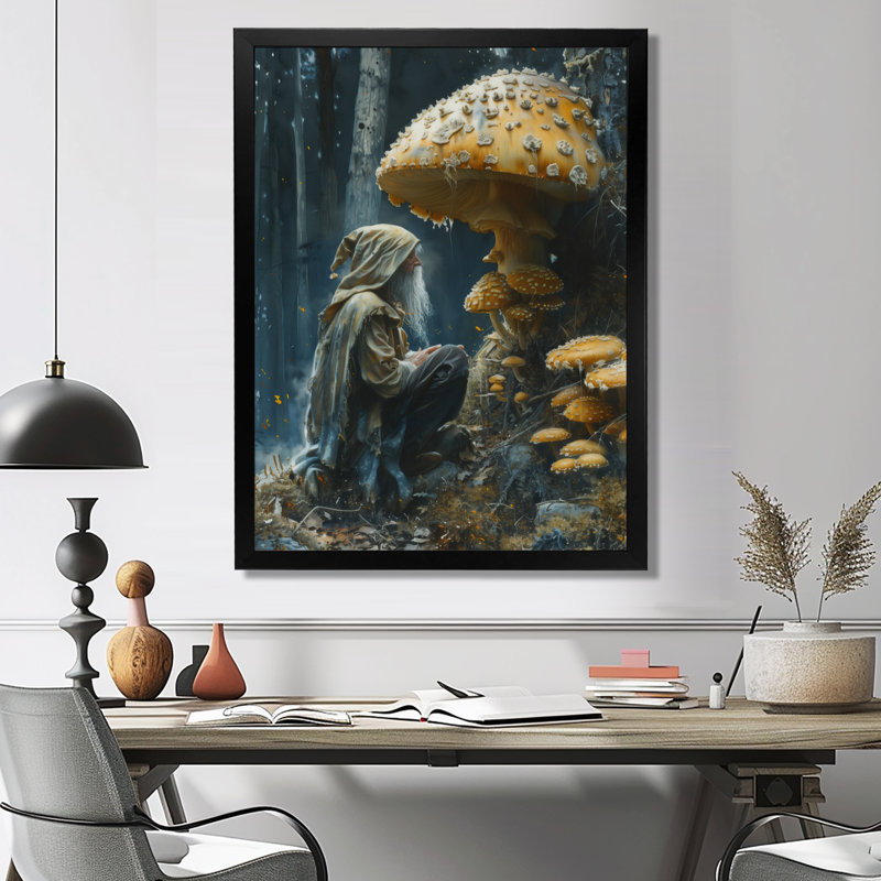 Fellowship gnome jaune gris - salon d'art mural gnome, H 30 po x l 40 po, Cadre pour photo simple noir, bois massif