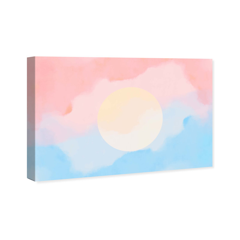 Abstrait soleil pastel Mid-Century moderne, reproduction d'art sur toile bleue, H 16 po x l 24 po x P 0,8 po