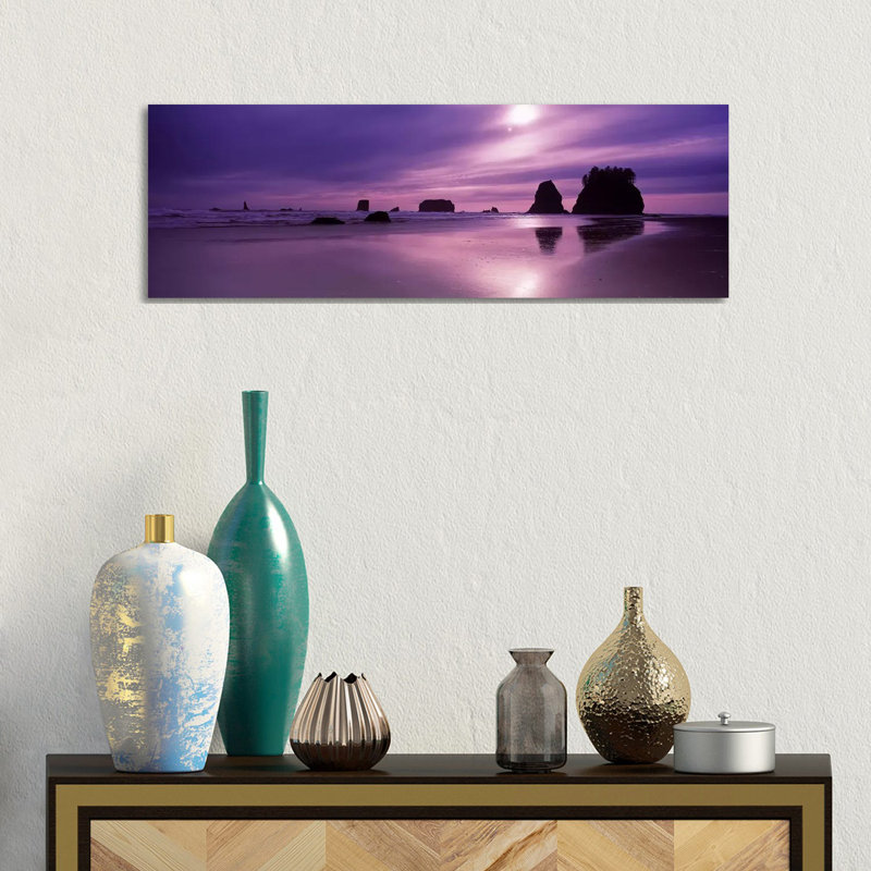Silhouette Of Seastacks At Sunset, Second Beach, Washington State, USA - Wrapped Canvas Panoramic Print