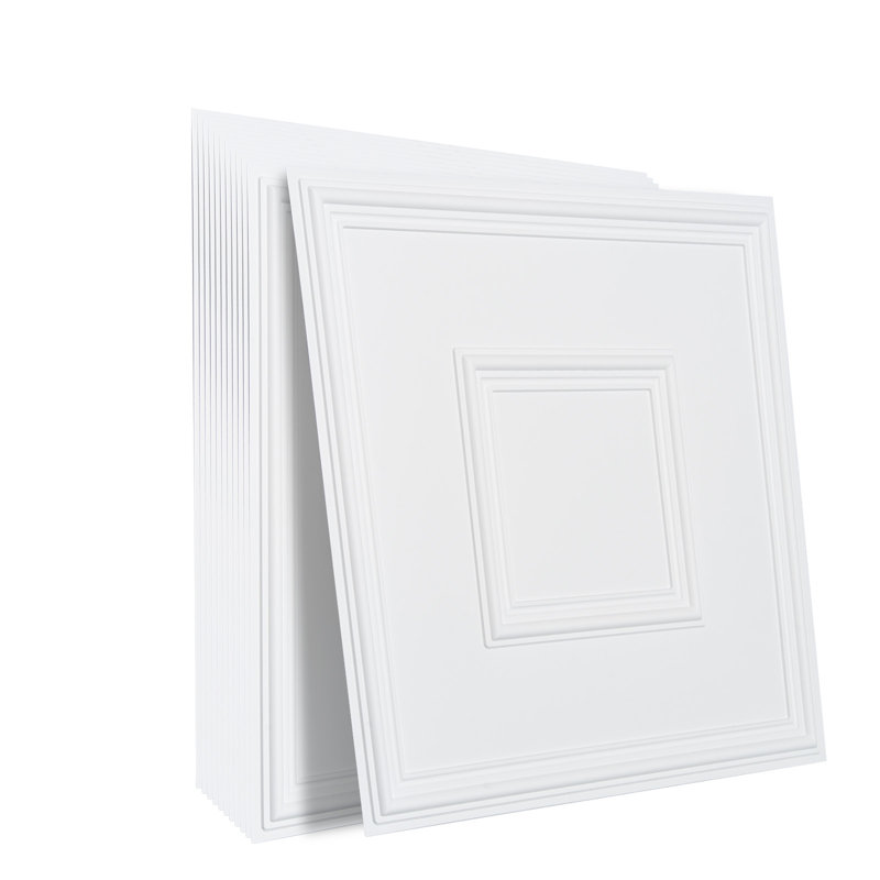 Paquet de 12 tuiles de plafond en PVC 24 x 24 po facile à installer - blanc géométrique
