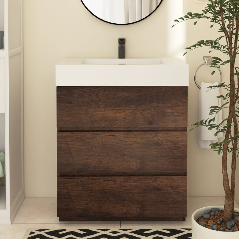 Meuble-lavabo simple Reniel, Blanc, Noyer, 30"