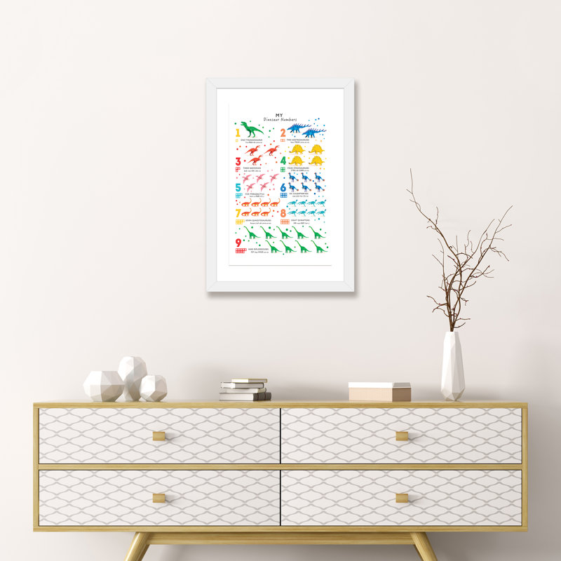 Dinosaure, impression d'art graphique, H 24 po x l 16 po x P 1 po, Blanc, Papier encadré blanc