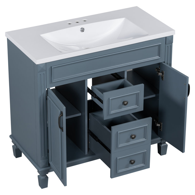35.9 " Modern Single Bathroom Vanity with Top Sink with Soft Closing Doors and Drawers, Navy