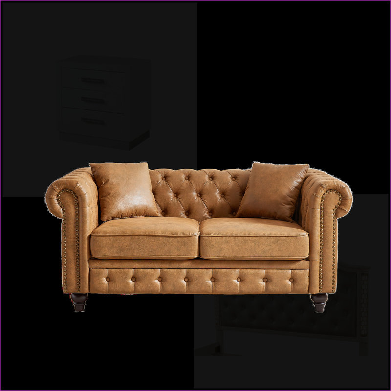 Canapé de salon capitonné à boutons en tissu Chesterfield Tech de 63,5 po avec coussins | Tissu | Brun foncé, Tissu brun