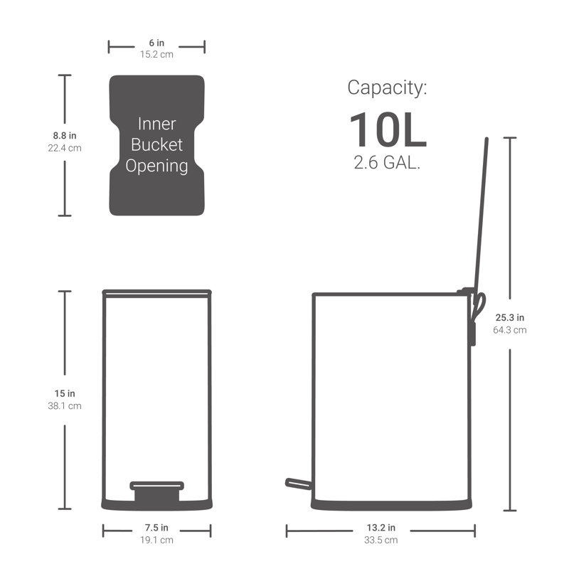Slim Silver Stainless Steel Pedal Trash Can 2.6 Gallons