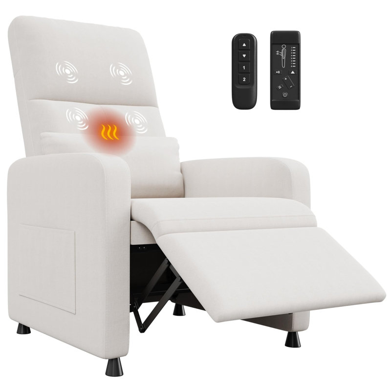 Fauteuil inclinable électrique avec massage et chaleur, fauteuil inclinable électrique en lin réglable avec port USB, poches latérales et dossier haut