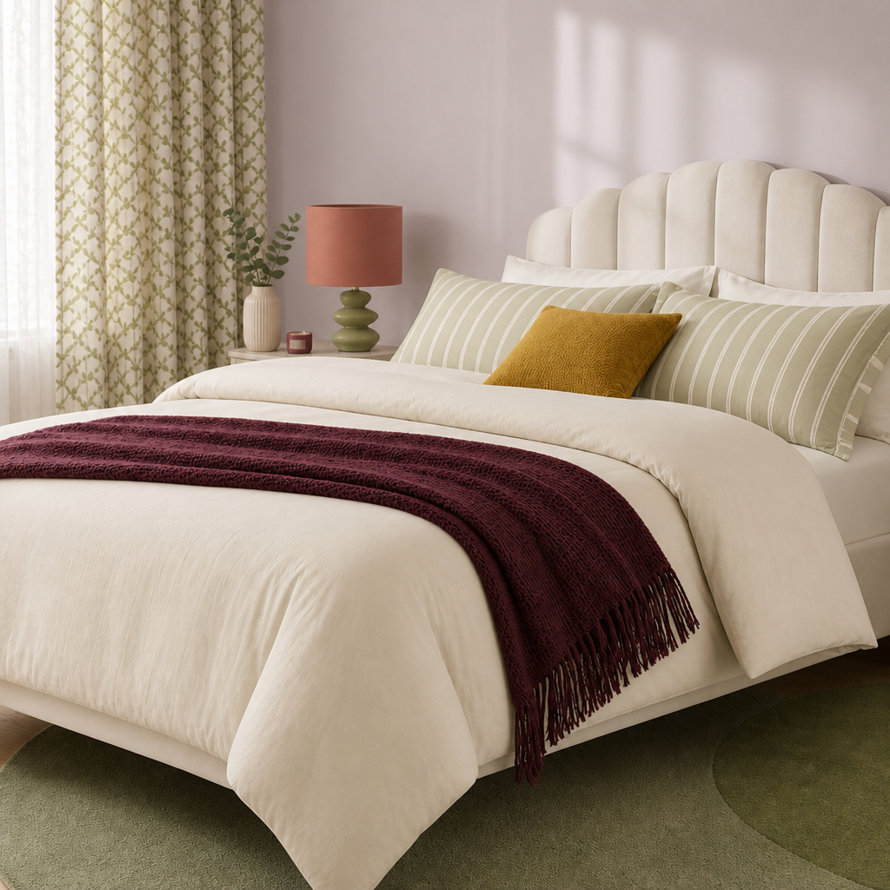 A cream-coloured upholstered bed with a scalloped headboard, dressed in a neutral duvet with striped sage green pillowcases, a mustard yellow accent cushion, and a textured burgundy throw blanket at the foot.