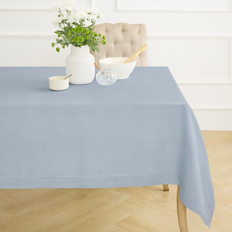 100% Pure Linen Hemstitch Table Cloth - Classic Hemstitch, Dusty Blue, 132" x 60"