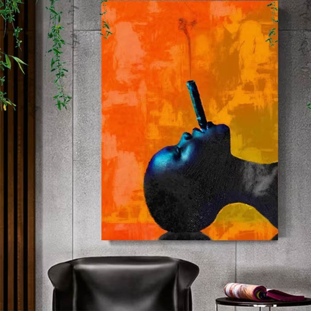 60*40,1Pc Modern Abstract Canvas Wall Art - Orange & Black Minimalist Painting - Ready-To-Hang Wrapped Canvas Framed.