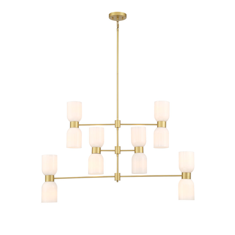 Gold 12-Light Dimmable Chandelier with White Glass Shades