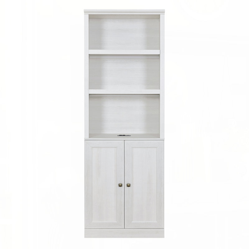 Bibliothèque 1 porte avec port USB et 3 tablettes ouvertes, Blanc rustique