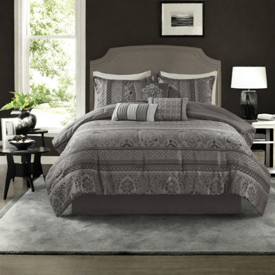 Ensemble de literie luxueux 7 pièces, jacquard de polyester, design gris élégant pour la maison