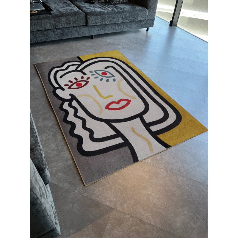 Yellow-Beige Themed Surrealist Woman's Face Patterned Creative Modern Decorative Rug, Runner 3'9" x 6'6"