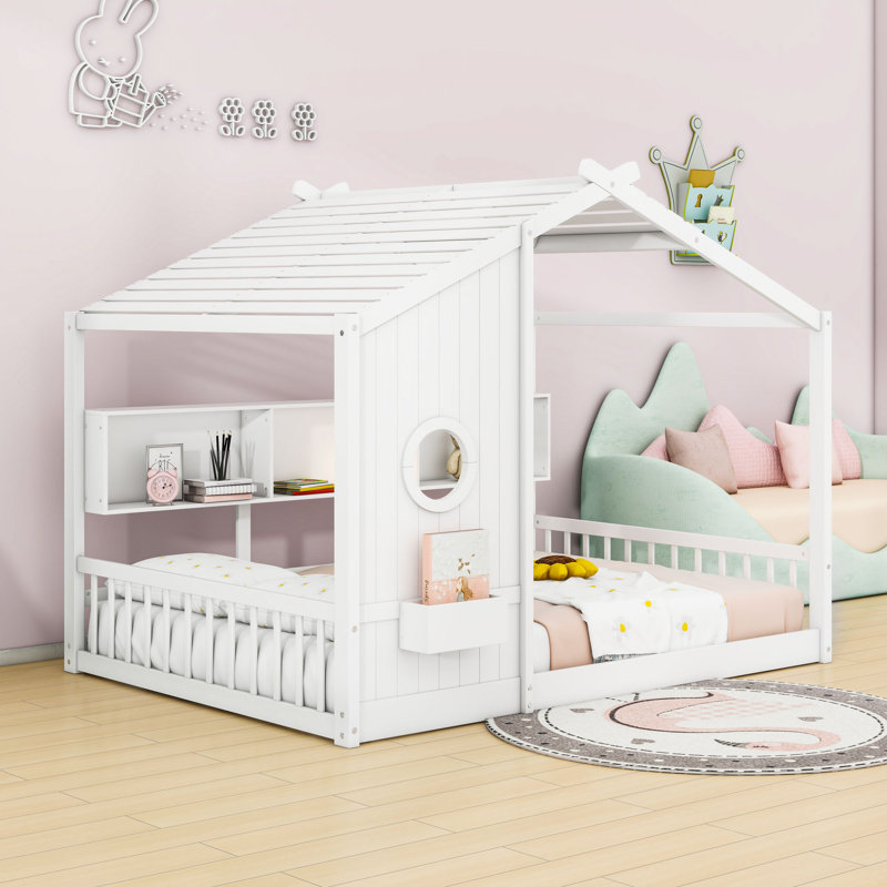 Wooden House-Shaped Floor Bed With Built-In Storage Shlves And Slats, Full, White