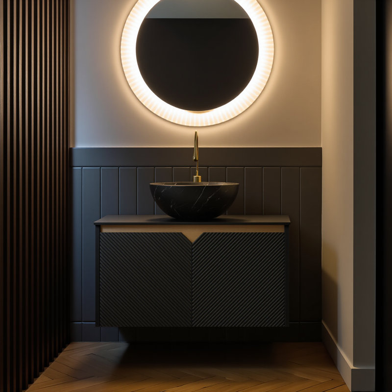Meuble-lavabo de 30 po avec lavabo, armoire de rangement murale en contreplaqué flottant, portes doubles en sergé avec garniture en métal, vasque en céramique noire avec motif en pierre et plateau en pierre frittée noire, noir