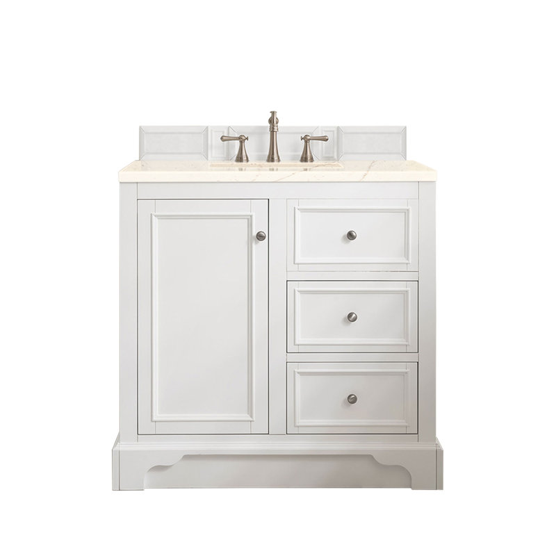 De Soto 36'' W Single Vanity, Bright White, Carrara White Marble, 8" Widespread