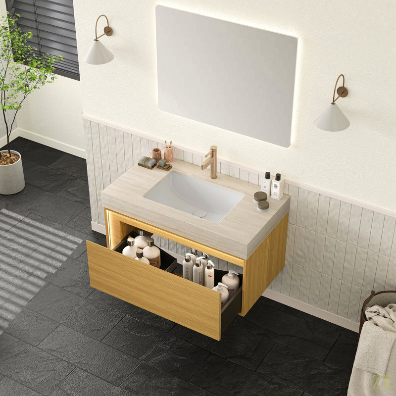 Meuble-lavabo et lavabo de salle de bain NYAH 36 po, armoire de rangement flottante en contreplaqué ultra-mince, tiroir, capteur de lumière, plateau en pierre frittée à motif de travertin et lavabo encastré en céramique, pré-assemblé