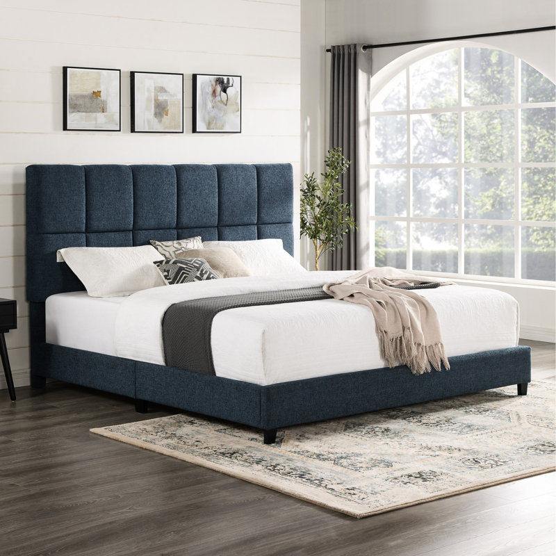 Très grand lit tapissier bleu marine avec cadre en contreplaqué de mousse de formaldéhyde moderne