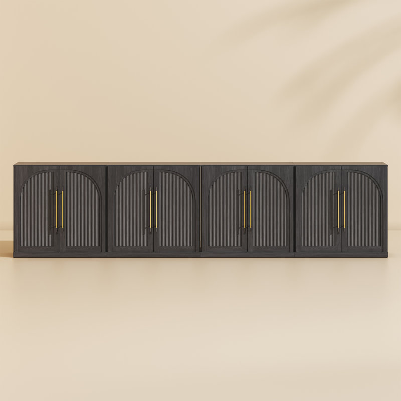 Set of 4 Modular Sideboard with Double-Arc Wood Doors, Ebony, Ebony