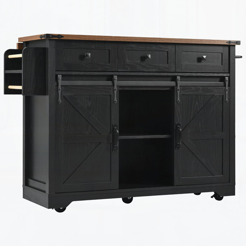 53.7" Farmhouse Kitchen Island With Power Outlet, 2 Sliding Barn Door Kitchen Storage Island With Drop Leaf, Black
