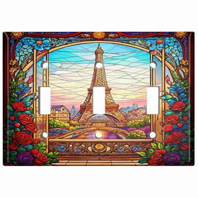 Metal Light Switch Plate Cover; Standard Size 3 Gang Toggle - Printed Image of Stained Glass Eiffel Tower