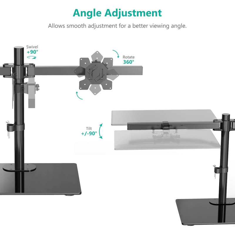 Free Standing Dual Monitor Stand, Height Adjustable Monitor Mount With Glass Base, Fits LCD LED Flat Curved Screen Up To 27 Inch, 22Lbs, With Grommet Base