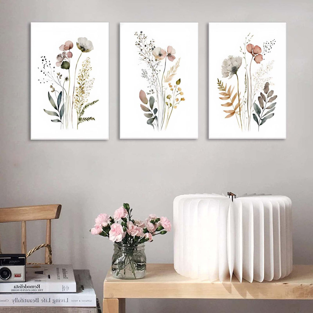 3Pcs Framed 12X16in Boho Flower Wall Art Wildflower Watercolor Canvas Minimalist Colorful Botanical Floral Painting Picture Wall Decor Posters Modern
