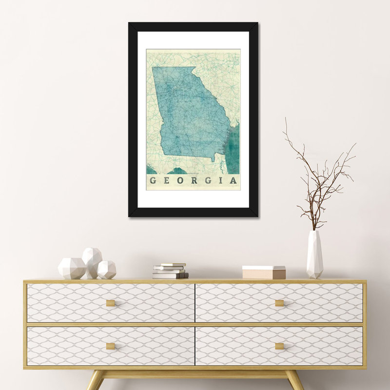«Georgia Map», impression sur toile, Papier avec cadre noir, H 24 po x l 16 po x P 1 po, Blanc