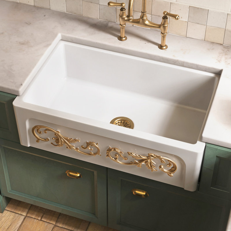 Whitehaus 33” Reversible Single Bowl Fireclay Kitchen Sink: Roman Vine, Beveled Front Apron, White/Gold