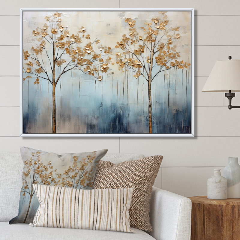Minimalisme, scène d'arbres dorés et bleus VI sur toile, Cadre naturel flottant, H 16 po x l 32 po x P 1 po