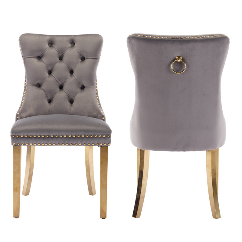 Tufted Velvet Wing Back Side Dining Chairs, Gray, Mirror Gold