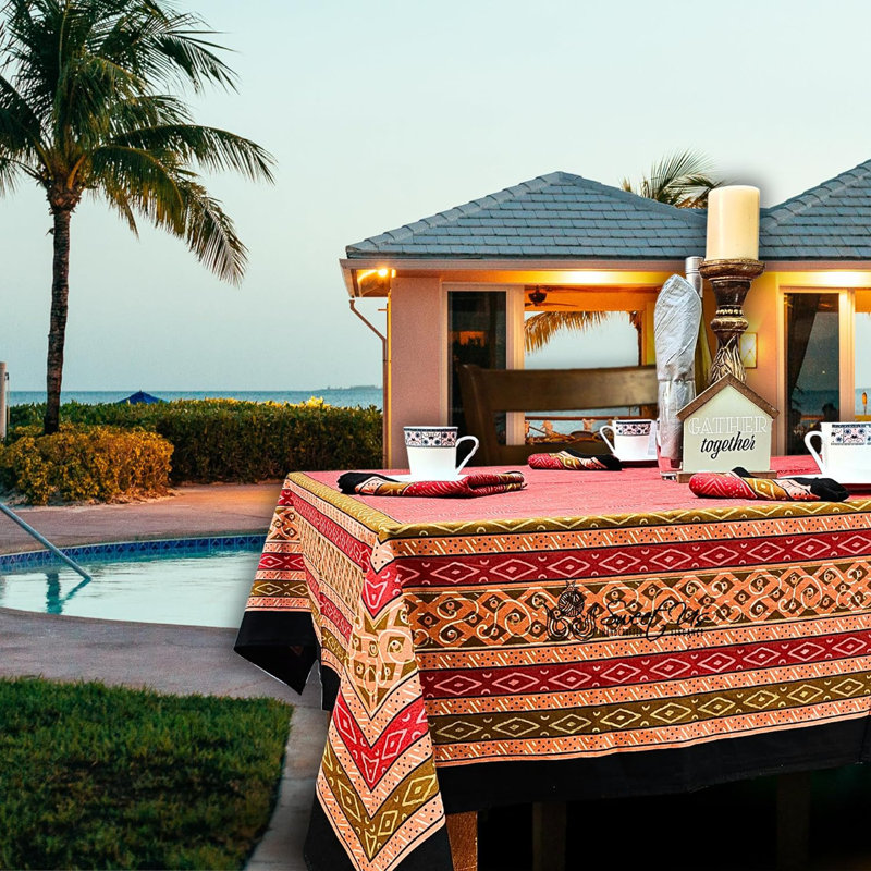 Cotton Geometric Print Hand Block Printed Tablecloth Collection, 60" Square