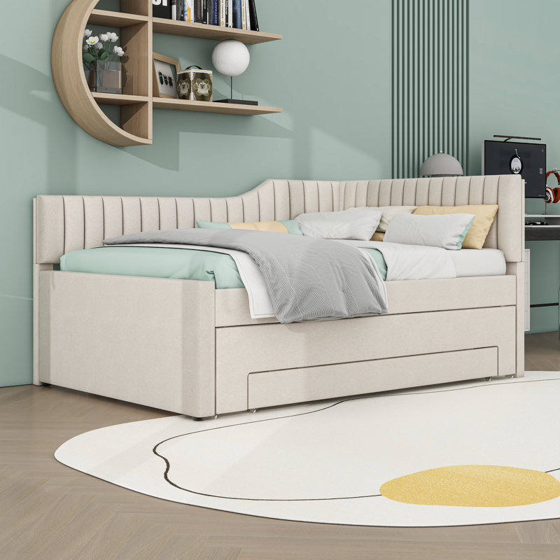 Three Drawers Upholstered Daybed with Trundle, Beige, Full/Double