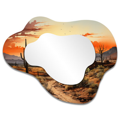 Boho Decorative Wall Mirror – Orange Silhouette Cactus Sunrise, Metal Print