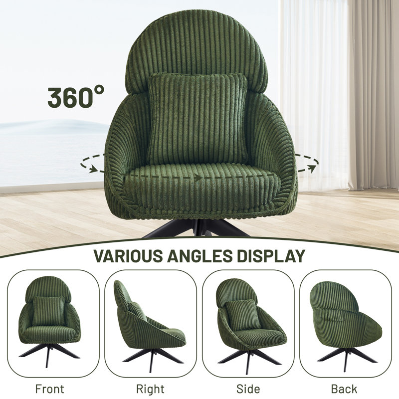 Areyah Swivel Accent Chair with Pillow Comfy Lounge Chair, Green Corduroy
