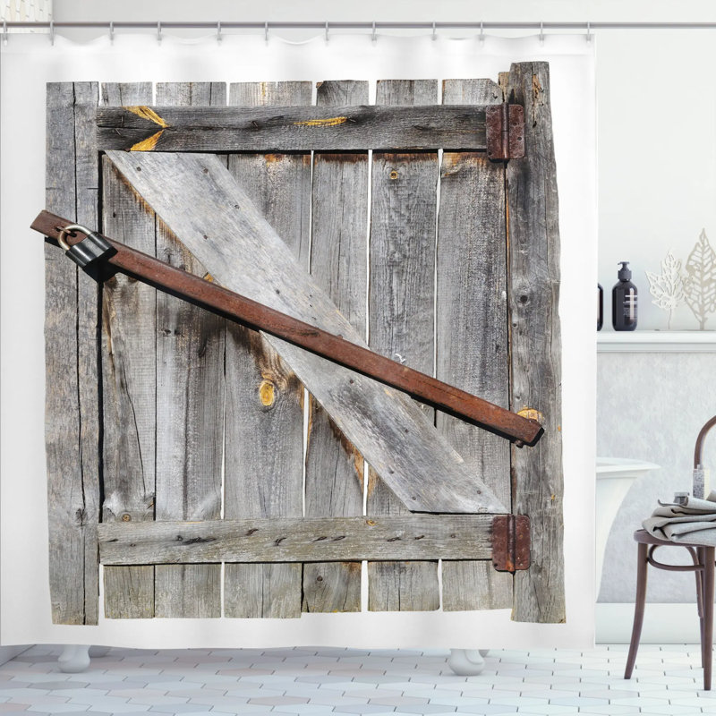 Rideau de douche à porte de grange simple en bois vieilli rustique, H 75 po x l 69 po