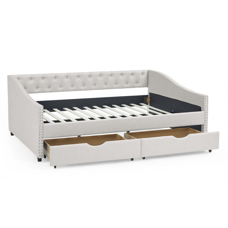 Upholstered Tufted Daybed Sofa Bed With Drawers, Button And Copper Nail On Waved Shape Arms, Beige, Full/Double