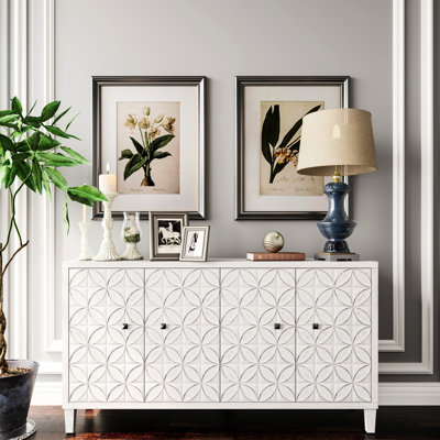Armoire en bois à 4 portes blanc délavé, buffet d'appoint avec rangement pour la maison, le salon, le vestibule, le couloir, le bureau, la cuisine, le buffet de l'armoire de la salle à manger, lavabo.