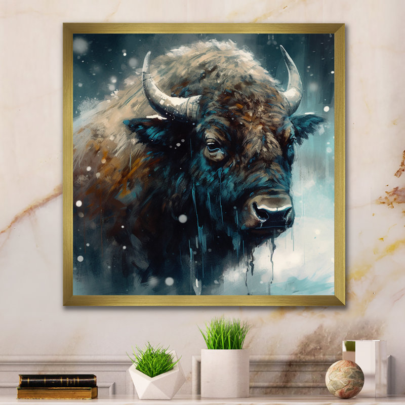 Bison Portrait In The Wild III - Buffalo, art mural, H 36 po x l 36 po, Cadre doré
