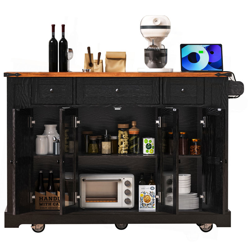 53'' Farmhouse Kitchen Island With Two Tempered Glass Cabinet Doors, Power Outlet, Rolling Kitchen Cart On Wheels With Drop Leaf, 5 Open Side Racks, 3 Drawers, For Kitchen, Dining Room