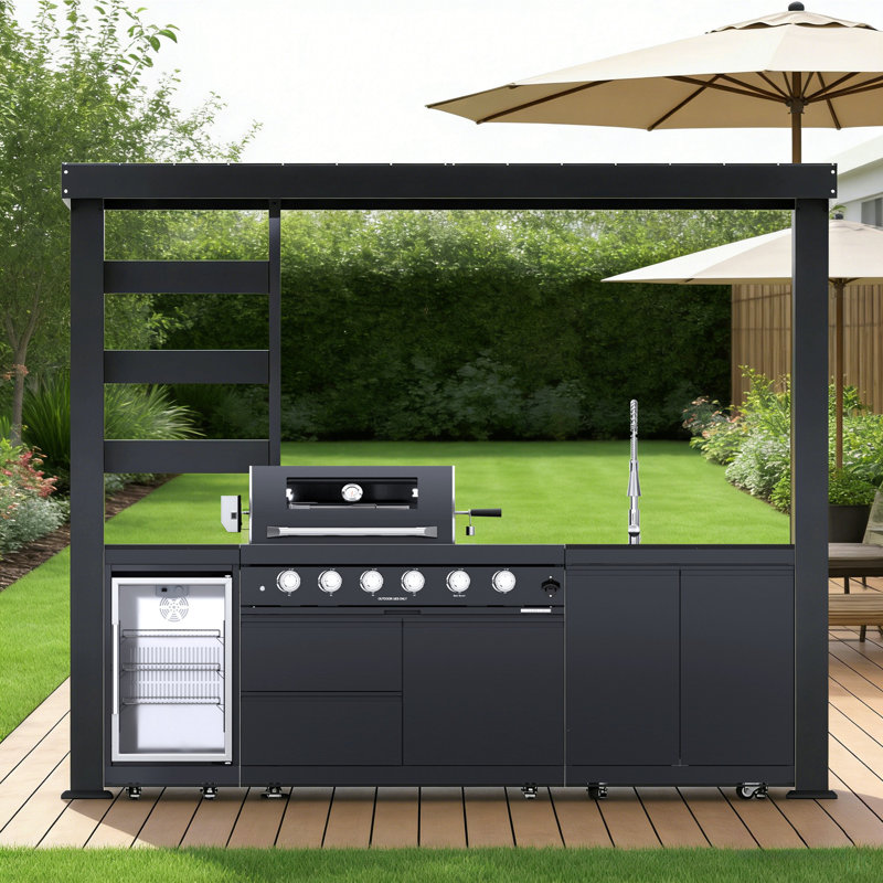 110-Inch 4-Burner 72000 BTU Deluxe Stainless Steel Gas Outdoor Kitchen Bar Barbecue Island Grill  + Wine Cooler Compact Refrigerator + Rotisserie + Granite Countertops + Storage Cabinets & Drawers