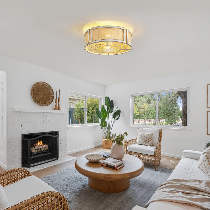 19.69" Boho Caged Ceiling Fan with Light and Remote, Rattan Shade for Bedroom Living Room, Matte White