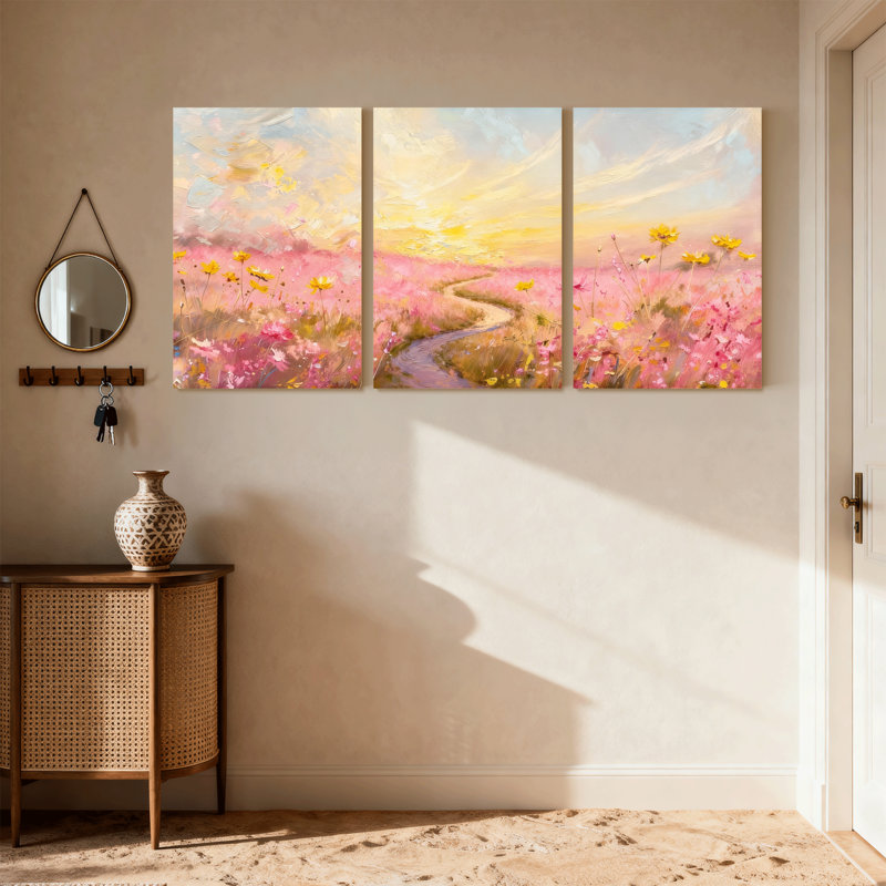 Assortiment de bouquets de fleurs, ciel pastel et chemin de terre, ensemble de 3 impressions sur toile, H 24 po x l 48 po