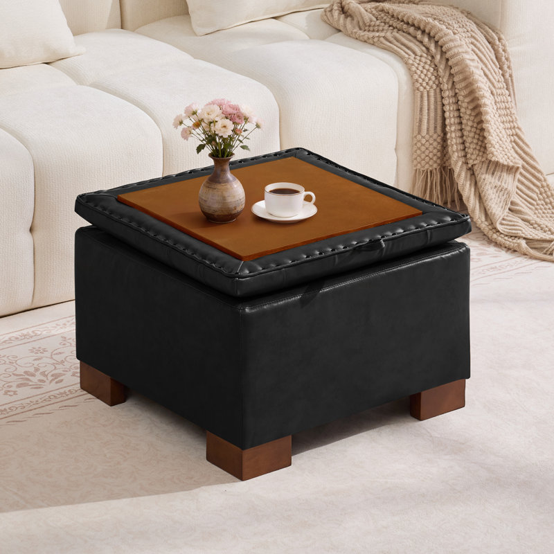 23.2’’ Wide Upholstered Tufted Square Storage Ottoman, Black-pu