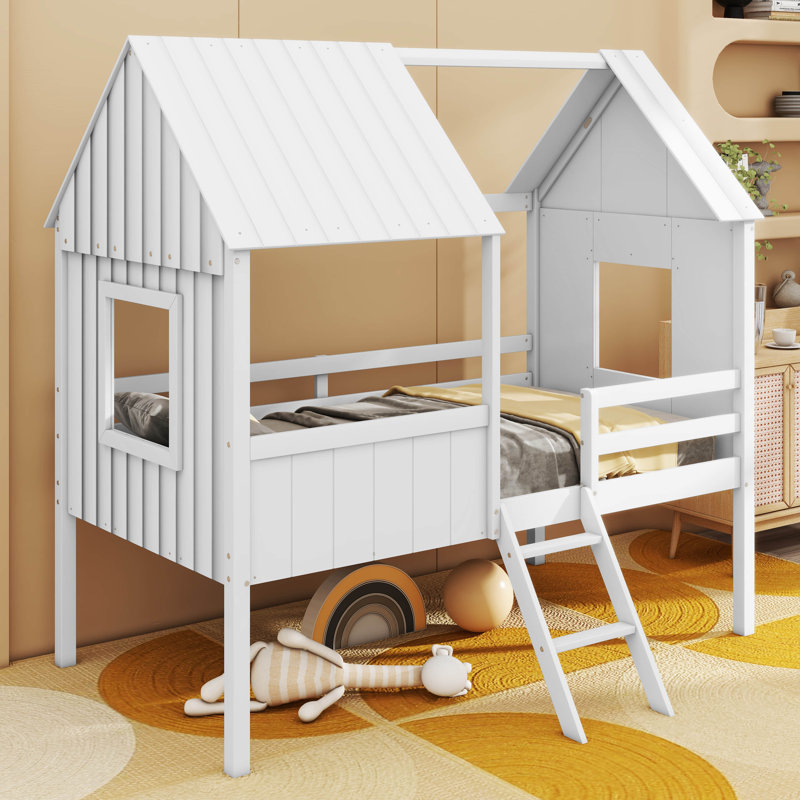 Emera Low Loft House Bed With Guardrails, White