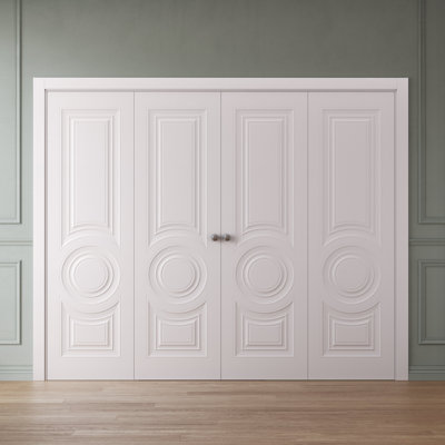 Sliding Closet Double Bi-Fold Doors | ESSENTIAL 1801 White | Sturdy Tracks Moldings Trims Hardware Set | Wood Solid Bedroom Wardrobe Doors