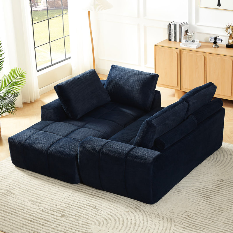 Canapé modulaire de luxe en forme de L en fausse fourrure pour salon, appartement et espaces de réception, 4 sièges, bleu foncé, tissu doux, conception segmentée unique, support à ressorts ensachés, utilisation instantanée sans